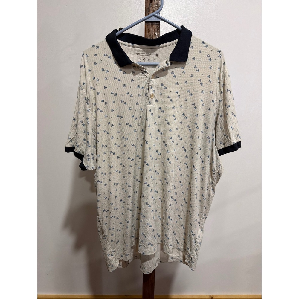 Abercrombie & Fitch Men XL Air Knit Polo Shirt Golf Cart Print Cream Navy Sporty